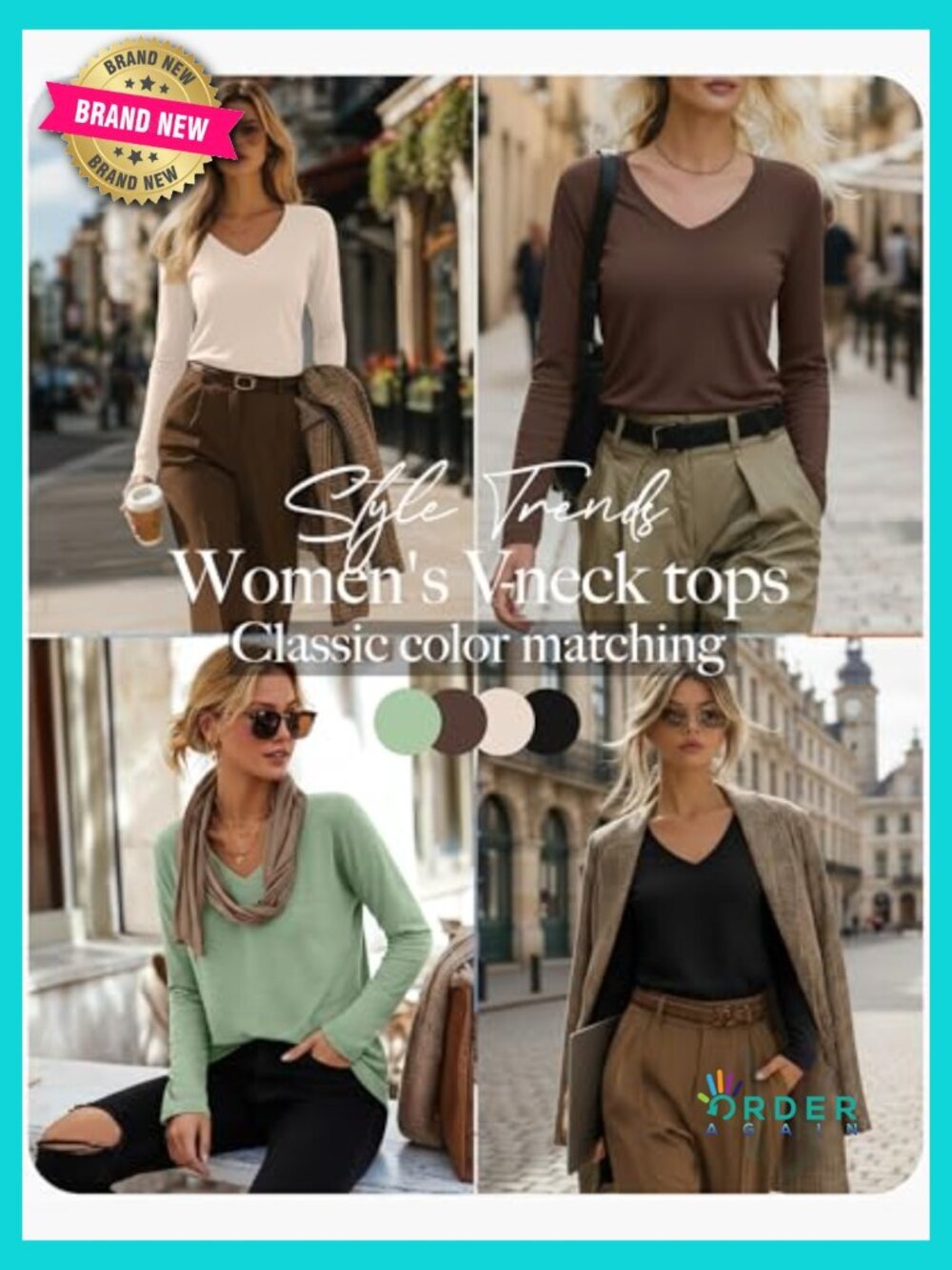 4 Pack V Neck Long Sleeve T-Shirts Loose Fit Basic Layering Tops Soft Casual - Picture 5 of 7